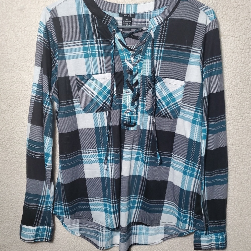 Flannel pattern blouse with lace up neckline